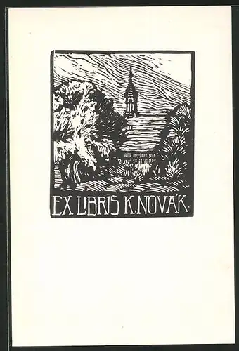 Exlibris K. Novak, Landschaft mit Kirche