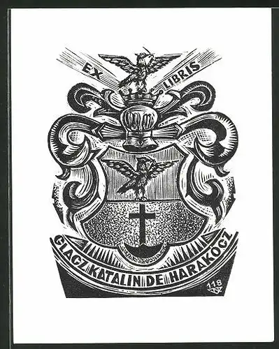 Exlibris Glaczkatalin Harakocz, Wappen mit Ritterhelm, Kreuz und Adler