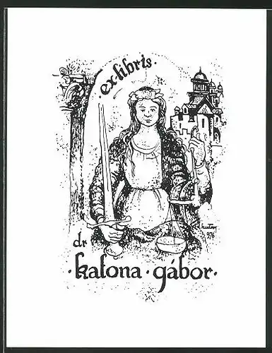 Exlibris Dr. Katona Gábor, Königin mit Schwert und Waage