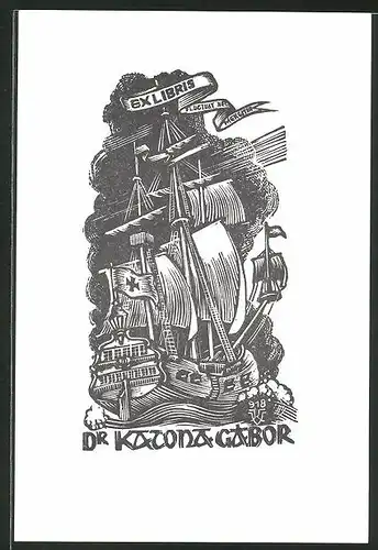 Exlibris Dr. Katona Gábor, Schiff auf hoher See