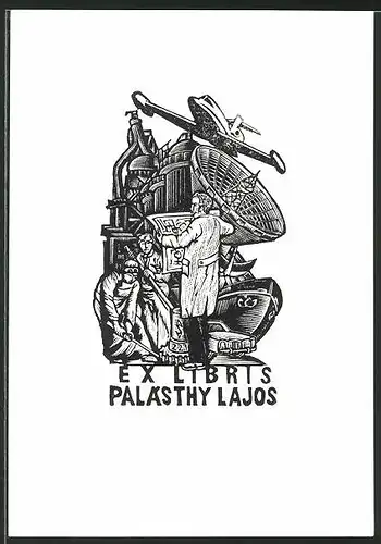 Exlibris Palásthy Lajos, Flugzeug, Schiff, Auto