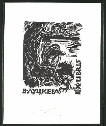 Exlibris B. Ayukepa, Trauernder Mann am Wasser