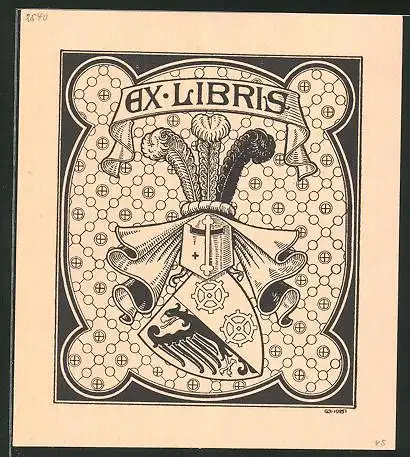 Exlibris Wappen mit Ritterhelm, Adler und Steuerrad
