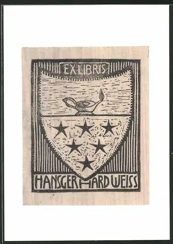 Exlibris Hansger Hardweiss, Wappen mit Genie Lampe und Sterne