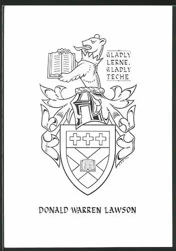 Exlibris Donald Warren Lawson, Wappen mit Greif, Ritterhelm, Kreuz und Buch