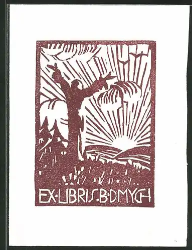 Exlibris B. Dmych, Person hebt Arme beim Sonnenaufgang