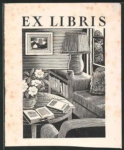 Exlibris Innenraumansicht mit Tischlampe, Sofa und Bücher