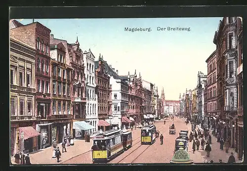 AK Magdeburg, Der Breiteweg mit Geschäften und Strassenbahnen