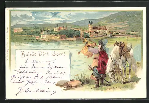 Lithographie Säckingen, Behüt Dich Gott!, Trompeter mit Pferd am Rhein stehend