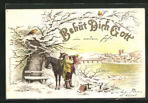Lithographie Säckingen, Behüt Dich Gott! Trompeter mit Pferd am Rhein im Winter