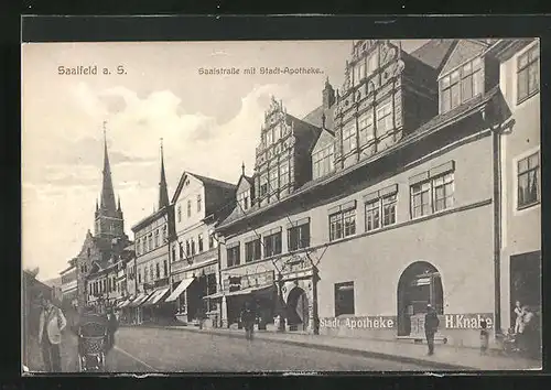 AK Saalfeld a.S., Saalstrasse mit Stadt-Apotheke