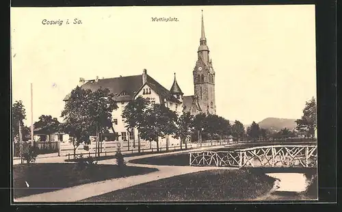 AK Coswig i.Sa., Wettinplatz mit Kirche