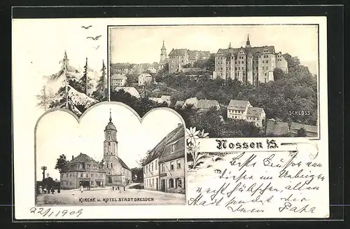 AK Nossen i.S., Schloss, Kirche und Hotel Stadt Dresden