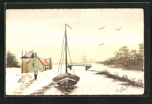 Künstler-AK Handgemalt: Gebäude am Fluss mit Segelboot