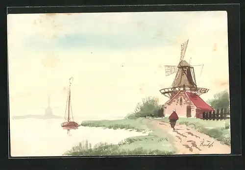 Künstler-AK Handgemalt: Windmühlen an einem See