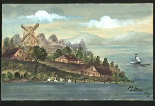 Künstler-AK Handgemalt: Ortsansicht mit Windmühle am See