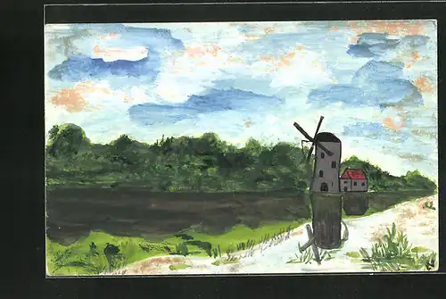 Künstler-AK Handgemalt: Gehöft mit Windmühle am Wasser