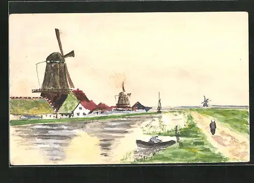 Künstler-AK Handgemalt: Ortsansicht mit Windmühlen