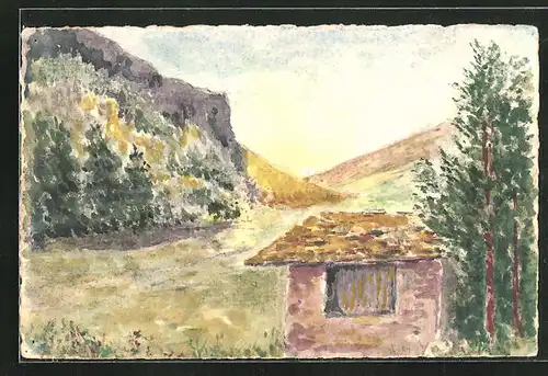 Künstler-AK Handgemalt: Hütte im Gebirgstal