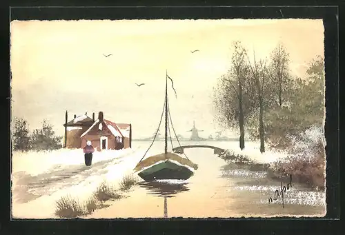 Künstler-AK Handgemalt: Boot auf dem Fluss mit Ortsblick