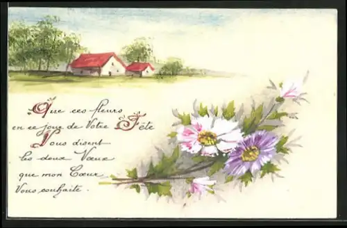 Künstler-AK Handgemalt: Bauerngehöft mit Blumen verziert