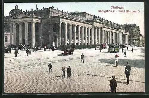 Relief-AK Stuttgart, Strassenbahn passiert Königsbau mit Hotel Marquardt