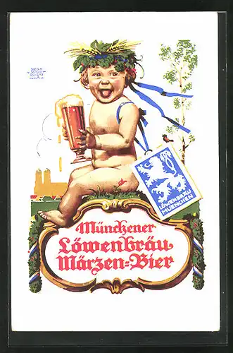 Künstler-AK Siegmund von Suchodolski: Brauerei-Werbung für Münchener Löwenbräu Märzen-Bier