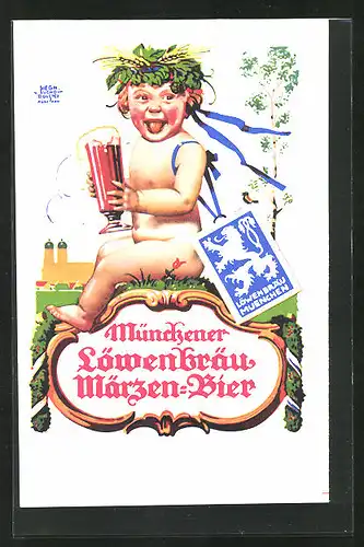 Künstler-AK Siegmund von Suchodolski: Brauerei-Werbung für Münchener Löwenbräu Märzen-Bier