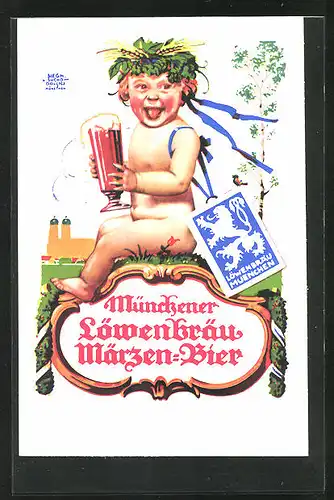 Künstler-AK Siegmund von Suchodolski: Brauerei-Werbung für Münchener Löwenbräu Märzen-Bier