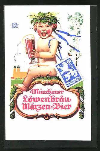 Künstler-AK Siegmund von Suchodolski: Brauerei-Werbung für Münchener Löwenbräu Märzen-Bier mit Kind