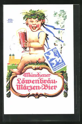 Künstler-AK Siegmund von Suchodolski: Brauerei-Werbung für Münchener Löwenbräu Märzen-Bier mit frechem Kind