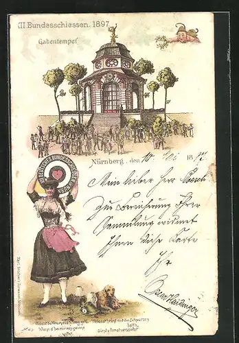 Lithographie Nürnberg, XII. Bundesschiessen 1897, Gabentempel mit Schützen