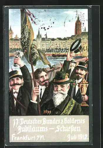 AK Frankfurt am Main, 17. deutsches Bundes-und Goldenes Jubiläums-Schiessen 1912, Schützen feiern