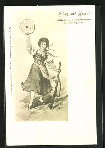 AK Nürnberg, XII. deutsches Bundesschiessen 1897, Frau mit Gewehr hält Zielscheibe hoch