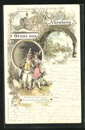 Lithographie Nürnberg, XII. deutsches Bundesschiessen 1897, Aufgang zur Burg, Stadtpark