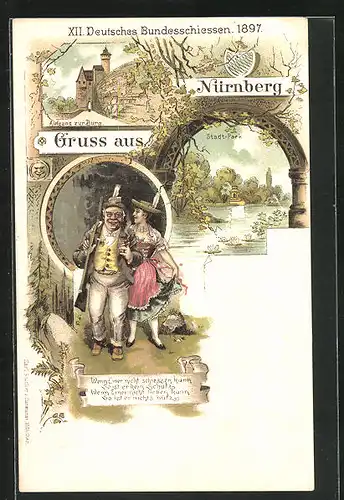 Lithographie Nürnberg, XII. deutsches Bundesschiessen 1897, Aufgang zur Burg, Stadtpark