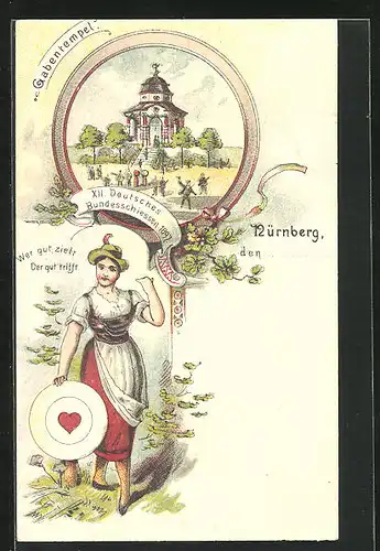 Lithographie Nürnberg, XII. deutsches Bundesschiessen 1897, Frau mit Zielscheibe, Gabentempel mit Schützen