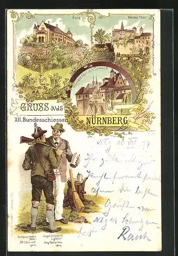 Lithographie Nürnberg, XII. Bundesschiessen, Burg, Neues Tor