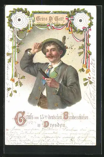 Lithographie Dresden, 13. deutsches Bundesschiessen, Schütze mit Gewehr