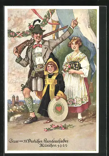 AK München, 18. deutsches Bundesschiessen 1927, Münchener Kindl mit Zielscheibe