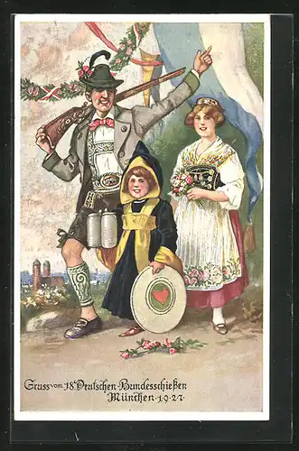 AK München, 18. deutsches Bundesschiessen 1927, Münchener Kindl mit Schützen