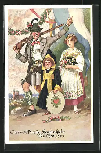AK München, 18. deutsches Bundesschiessen 1927, Münchener Kindl mit Zielscheibe