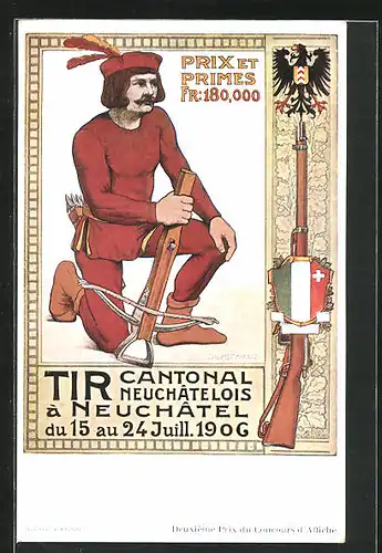 AK Neuchâtel, Tir Cantonal 1906, Schütze mit Armbrust, Wappen