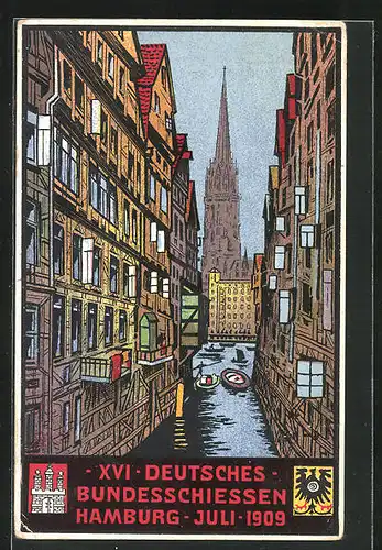 AK Hamburg, XVI. deutsches Bundesschiessen 1909, Kanal mit Kirche, Wappen