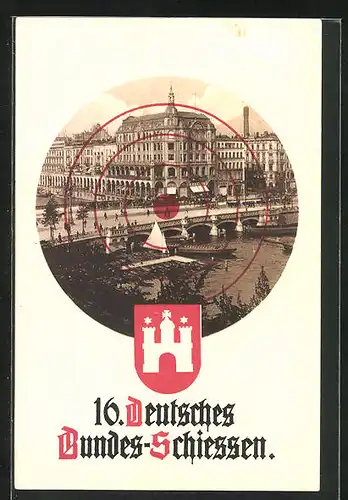 AK Hamburg, 16. deutsches Bundesschiessen 1909, Jungfernstieg in Zielscheibe