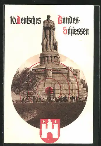 AK Hamburg, 16. deutsches Bundesschiessen 1909, Bismarck-Denkmal in Zielscheibe