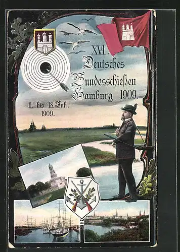 AK Hamburg, XVI. deutsches Bundesschiessen 1909, Schütze schaut in die Landschaft hinaus, Wappen