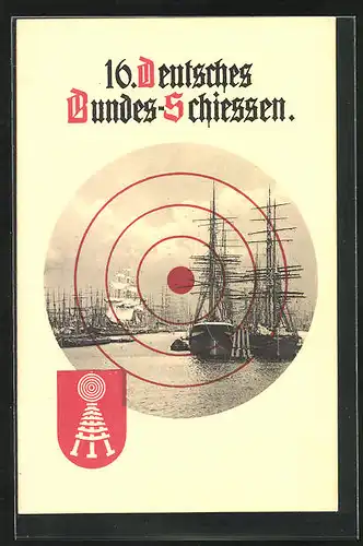 AK Hamburg, 16. deutsches Bundesschiessen 1909, Partie aus dem Hafen in der Zielscheibe