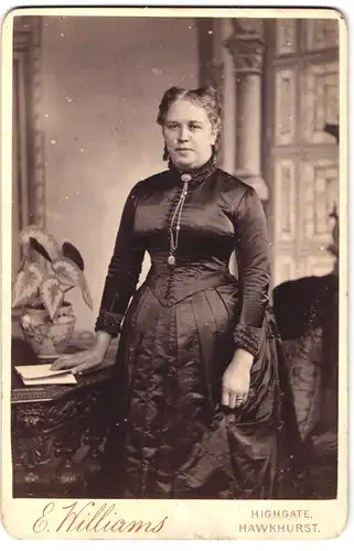 Fotografie E. Williams, Hawkhurst, Highgate, Portrait bürgerliche Dame in festlicher Kleidung