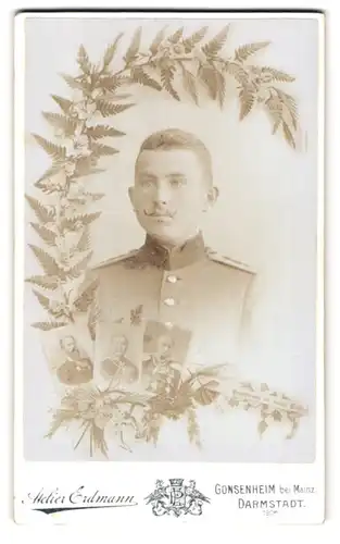 Fotografie Atel. Erdmann, Gonsenheim, Kaiserst. 21, Porträt jung. Soldat, Kaiser Wilhelm I., Wilhelm II., Friedrich III.